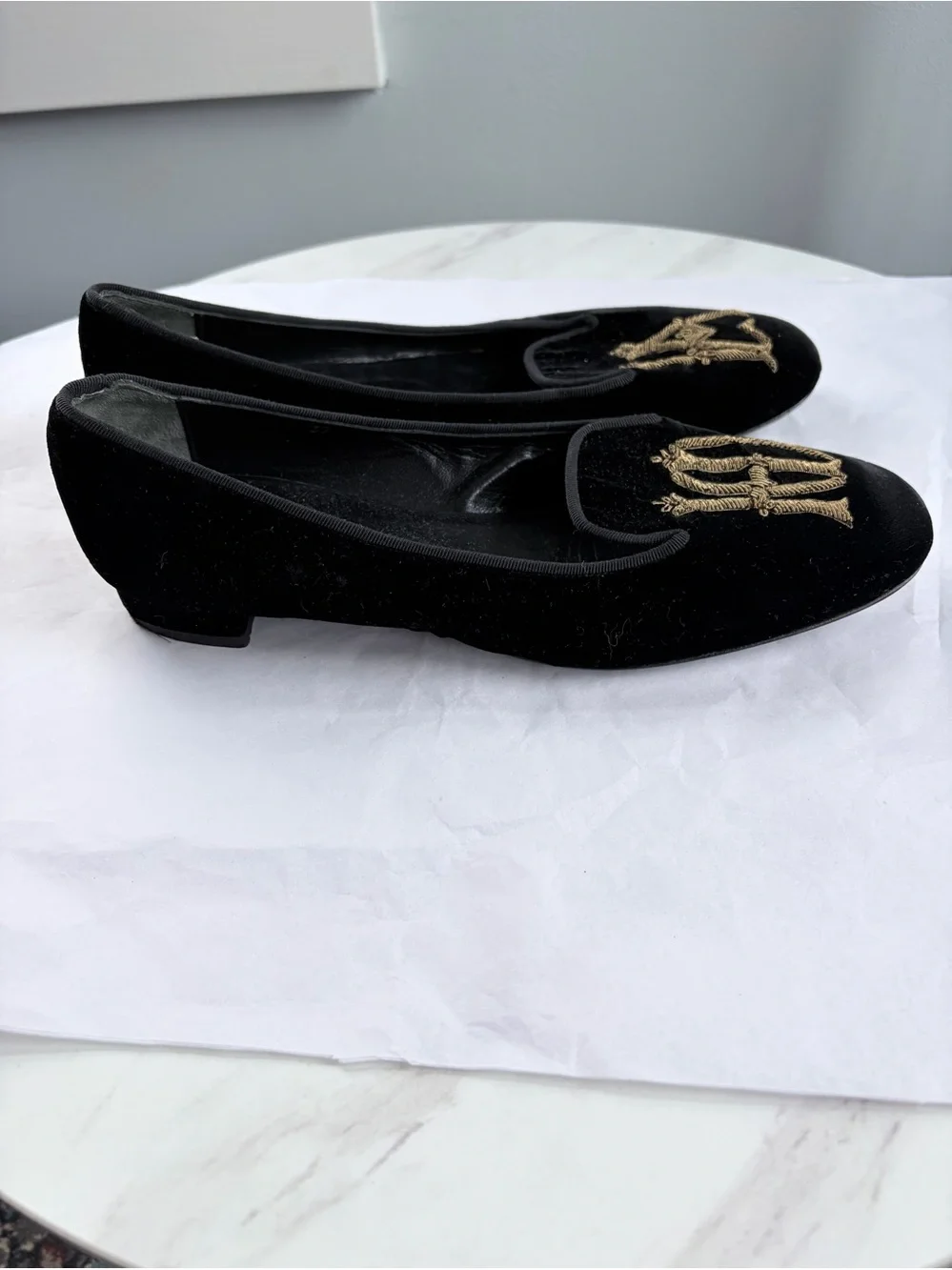 Castaner Black Velvet Loafers with Gold Monogram size 39